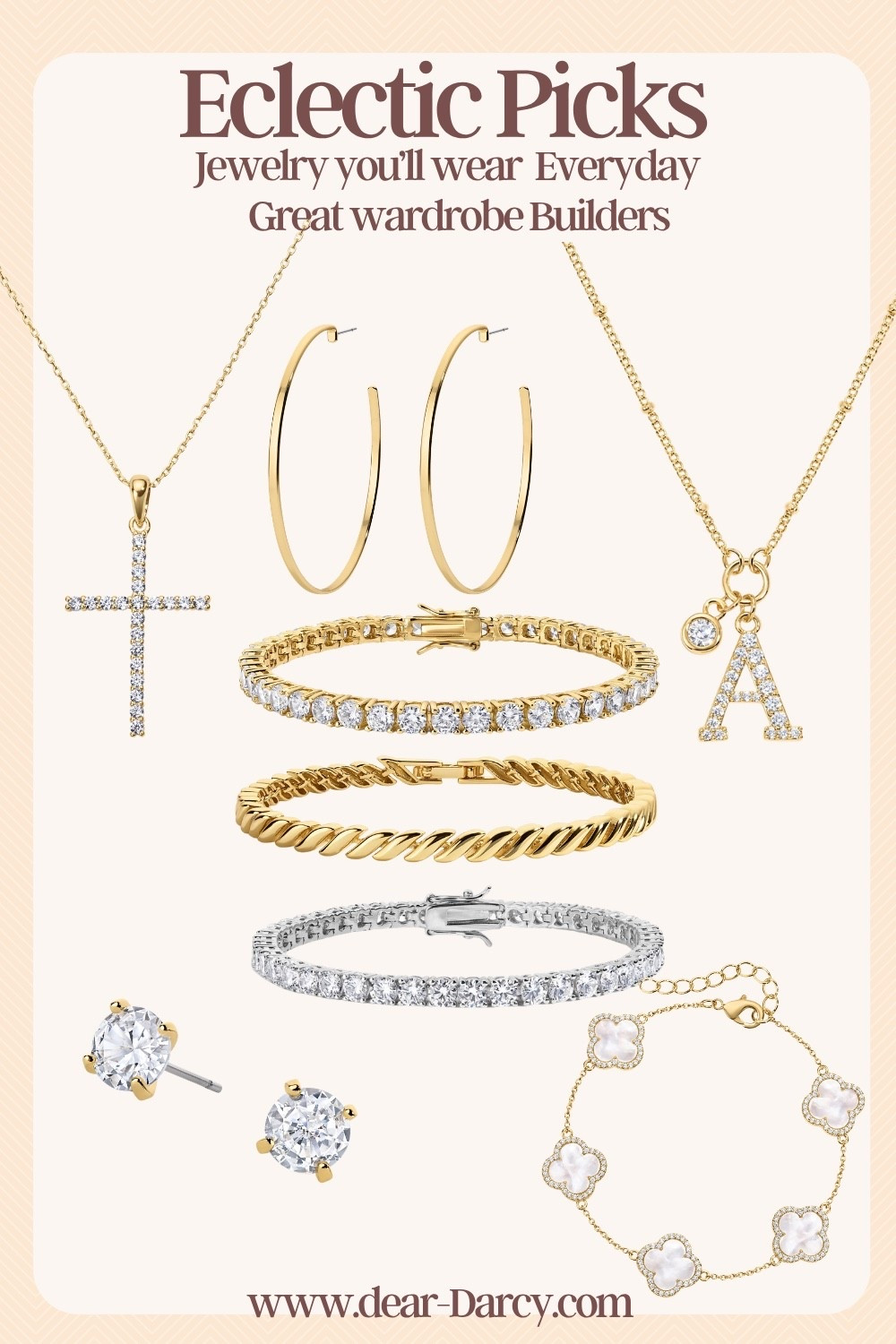 Eclectic Picks Jewelry you'll wear Everyday
Great wardrobe Builders.

These are a few pieces I own and wear daily..and mix well with your other jewelry.

This jewelry wears well and doesn’t tarnish 

You’ll love these affordable pieces 

-Cross necklace 
-Intial necklace 
-Hoop earrings 
-Tennis bracelets in gold and silver
-Stud earrings 
-Van cliff  inspired bracelet

#LTKOver40 #LTKstorytime