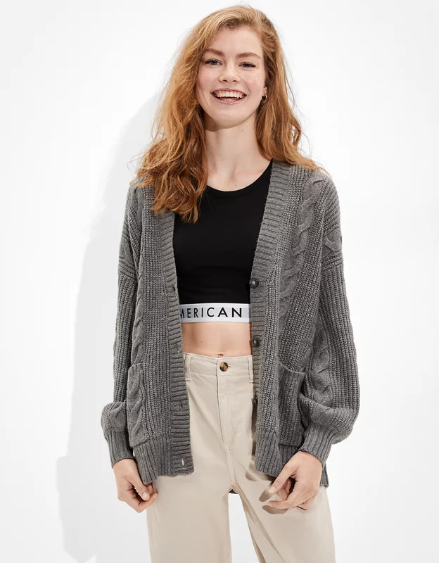 AE Oversized Cable Knit Button-Up Cardigan | American Eagle Outfitters (US & CA)