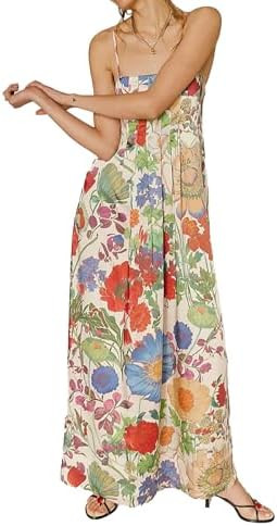 ABYOVRT Women Boho Floral Maxi Dress Backless Spaghetti Strap A-Line Flowy Summer Vacation Long D... | Amazon (US)