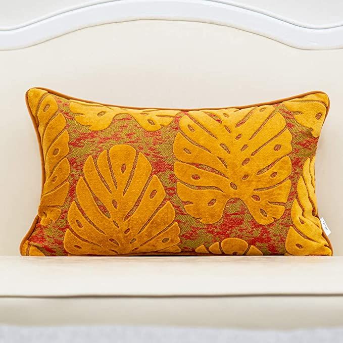 Alerfa 12 x 20 Inch Rectangle Leaf Pillow Embroidery Cut Velvet Cushion Case Luxury Modern Lumbar... | Amazon (US)