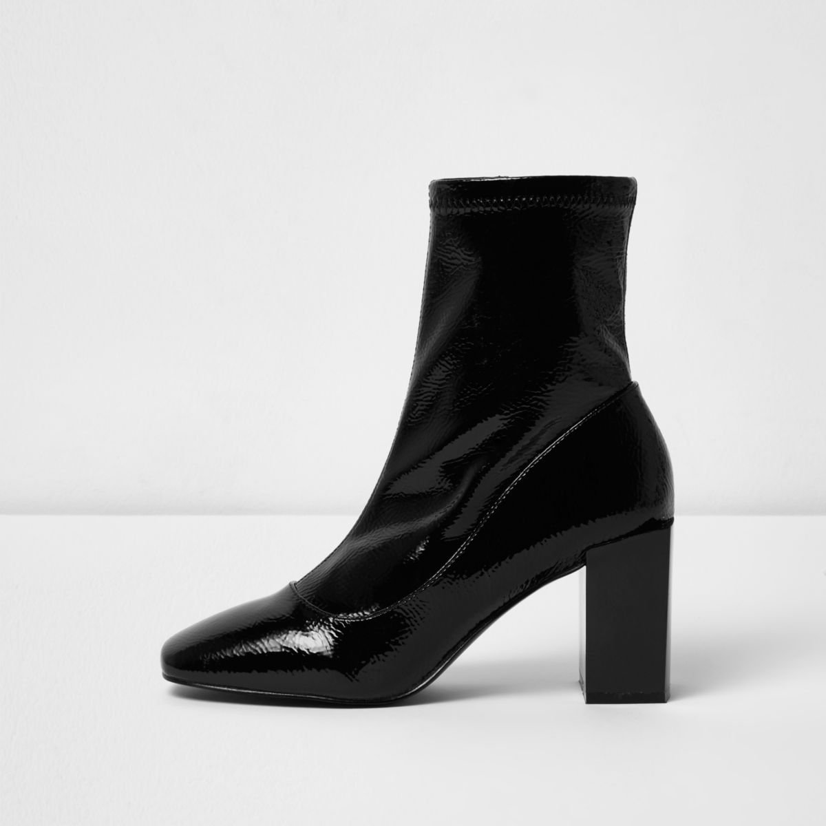 River Island Womens Black patent square toe block heel sock boots | River Island (UK & IE)