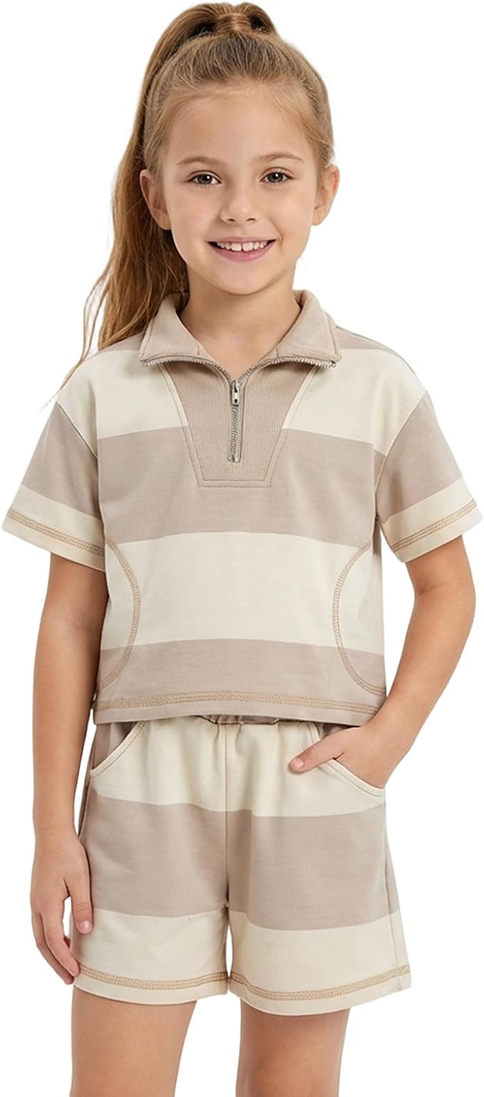 GRNSHTS Girls 2 Piece Summer Outfit - Trendy Half Zip Collared Striped Shirt & Shorts Set for Cas... | Amazon (US)