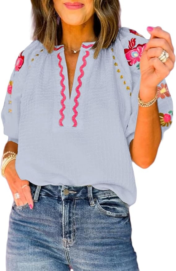 Ecosunny Women's Casual V Neck Puff Short Sleeve Shirts Floral Embroidered Ricrac Textured Loose ... | Amazon (US)