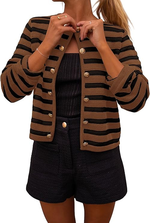 PRETTYGARDEN Women's Striped Cardigan Sweaters Ribbed Knit Long Sleeve Open Front Crewneck Casual... | Amazon (US)