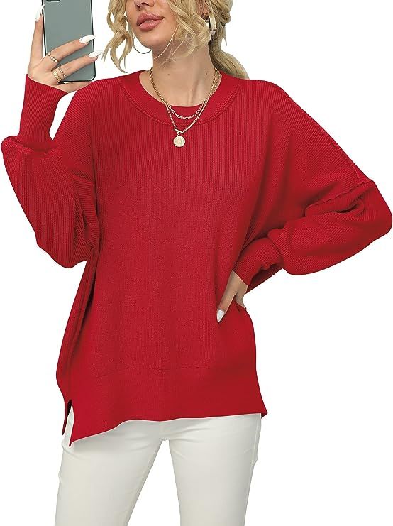 ANRABESS Women Crewneck Batwing Sleeve 2023 Fall Oversized Side Slit Ribbed Knit Pullover Sweater... | Amazon (US)