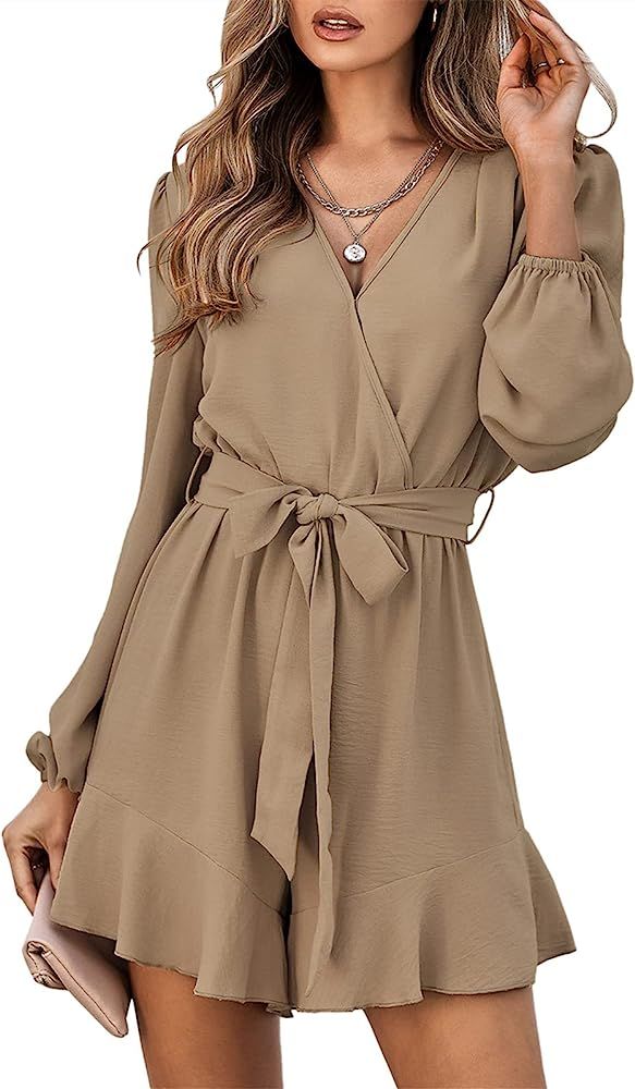 QegarTop Wrap Front Rompers for Women Long Sleeve Cute Jumpsuits Fall Night Out Vacation Outfits | Amazon (US)