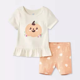 Baby Girls' Pumpkin Short Sleeve Shirt and Bike Short Set - Cloud Island\u2122 Cream 0-3M | Target