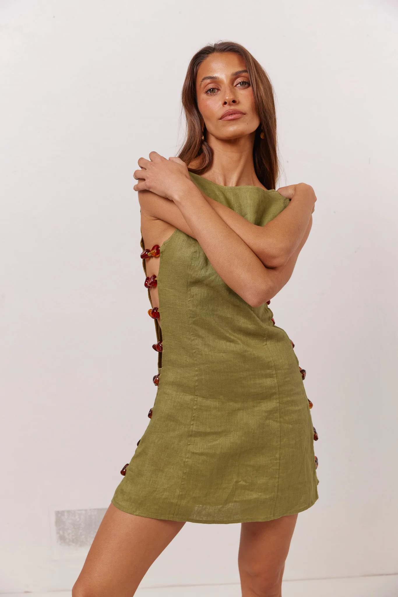 chinese dress ladies Annabelle Linen Mini Dress Olive – VRG GRL main image 0