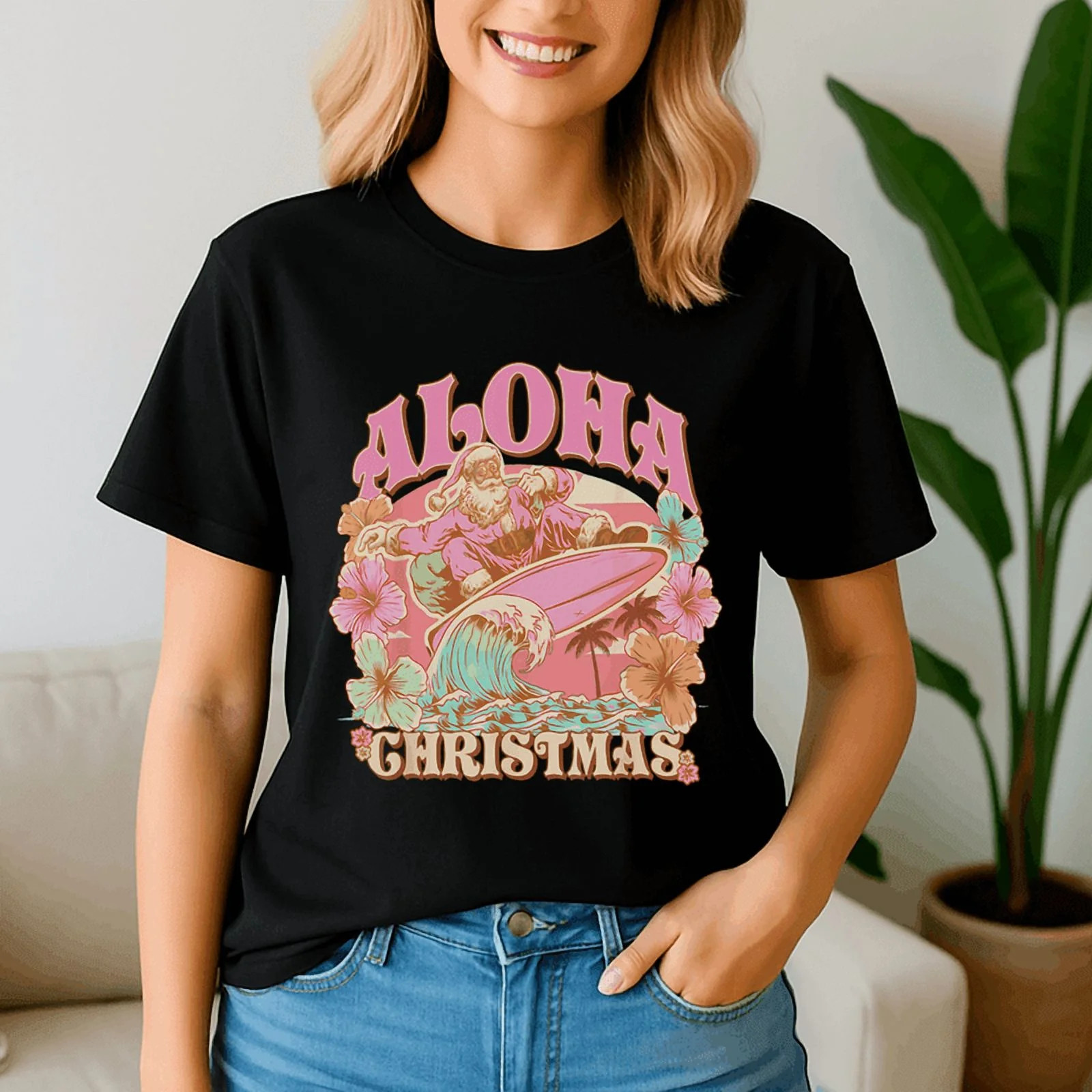 Aloha Christmas Santa Claus Surfing Hawaiian Mele Kalikimaka, Retro Christmas Shirt, Xmas TShirt,... | Walmart (US)