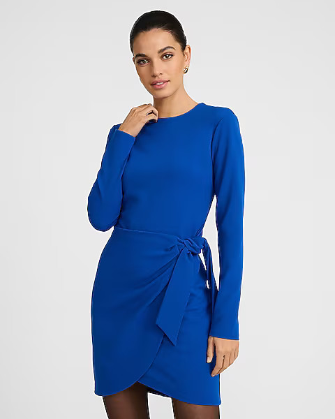 Crepe Crew Neck Long Sleeve Tie Wrap Mini Sheath Dress | Express