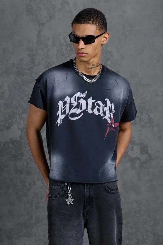 Gunna Oversized Cropped T-Shirt with P-Star Print | boohooMAN (US & Canada)
