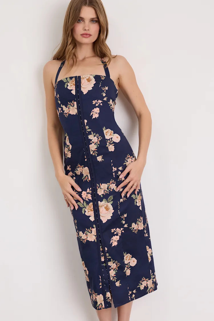 Arrosa Navy Floral Halter Midi Dress | blue floral dress | navy blue dress  | Lulus