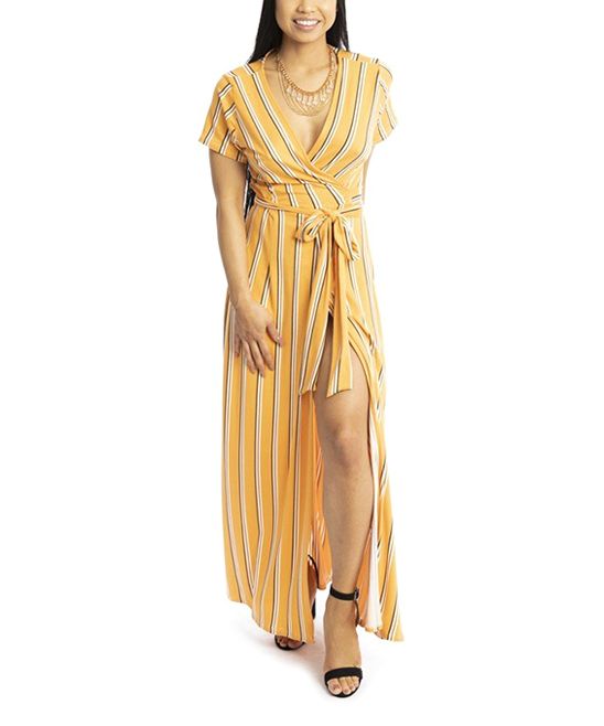 Jeyrey Women's Maxi Dresses YELSTRP - Yellow Stripe Wrap Maxi Dress - Women & Plus | Zulily