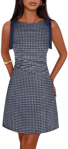 MEROKEETY Women's 2026 Summer Gingham Mini Dress Ruched Sleeveless Boat Neck Cocktail Party Beach... | Amazon (US)