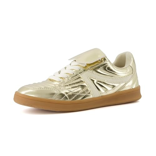 CUSHIONAIRE Women's Astro Retro Sneaker, Lace-Up Design +Memory Foam, Wide Widths Available, Gold Sneakers for Women, Gold, 8.5 | Amazon (US)