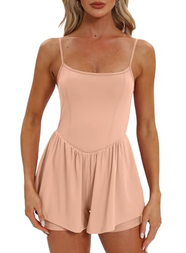 Beaully Women's Summer Sleeveless Rompers Spaghetti Strap Double Lined Jumpsuit Shorts Overalls 6110 Light Pink S | Amazon (US)