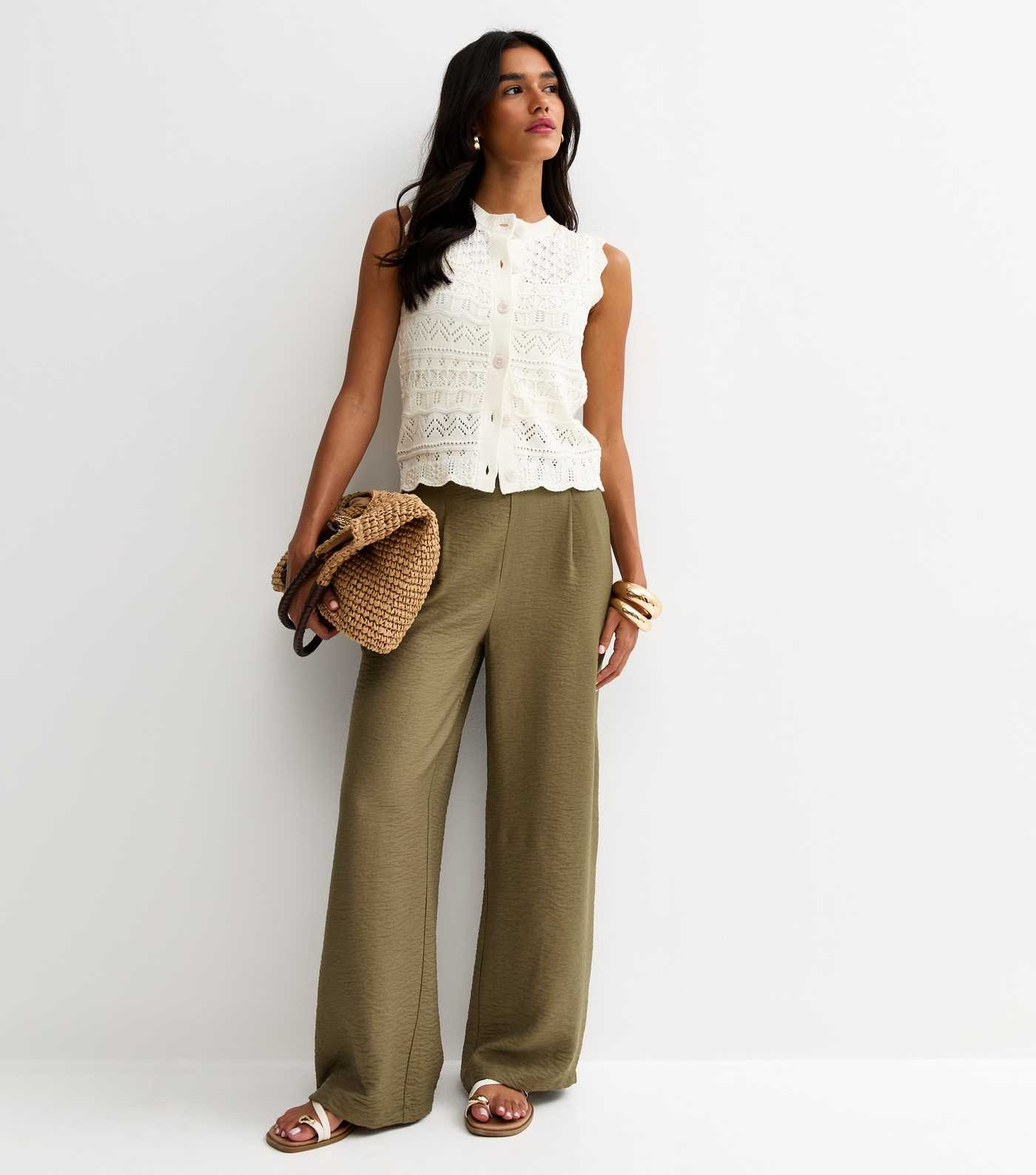 Dark Khaki Pull On Wide Leg Trousers | New Look | New Look (UK)