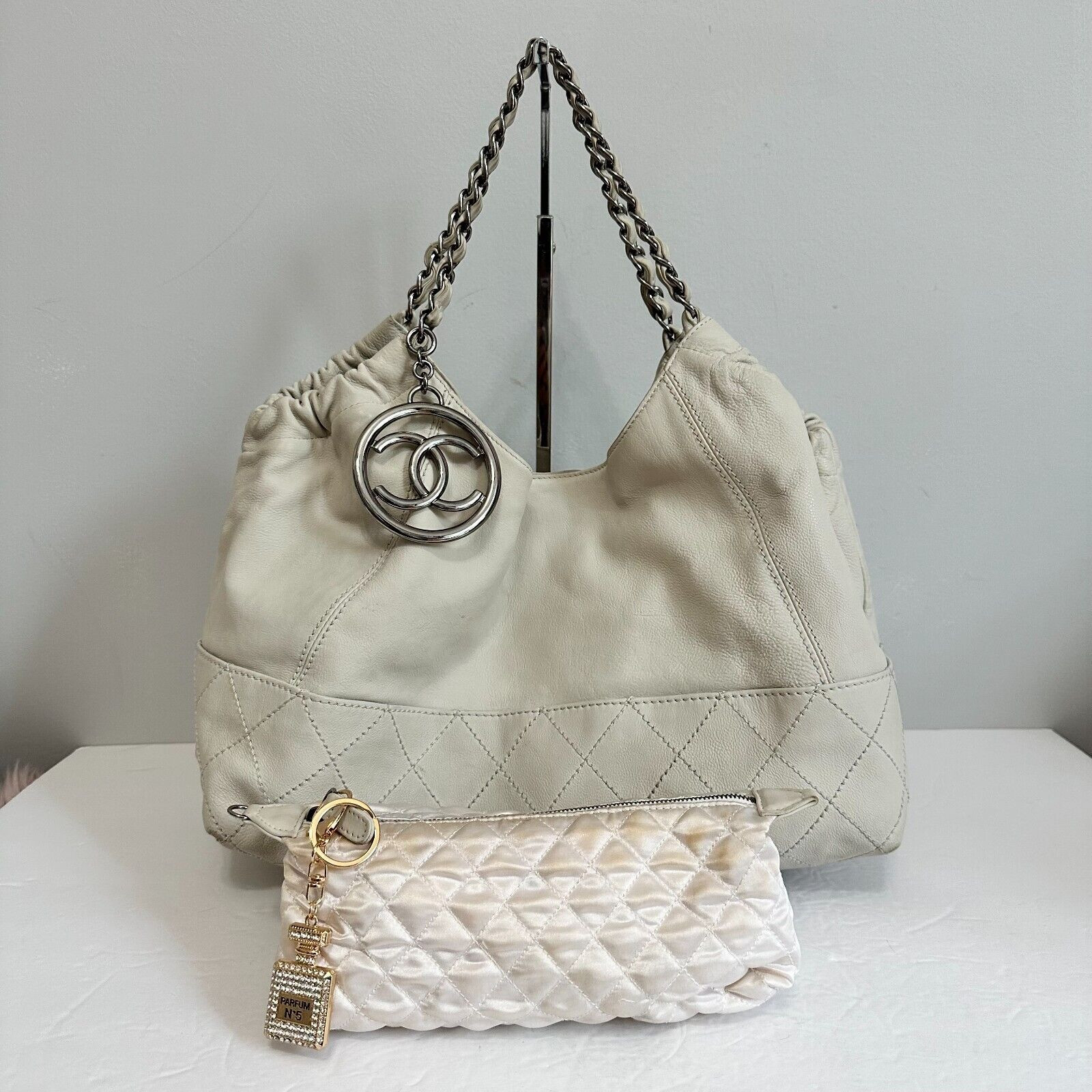 CHANEL COCO CABAS OFF WHITE LEATHER QUILTED HOBO W POUCH 11066742 MADE IN ITALY | eBay US