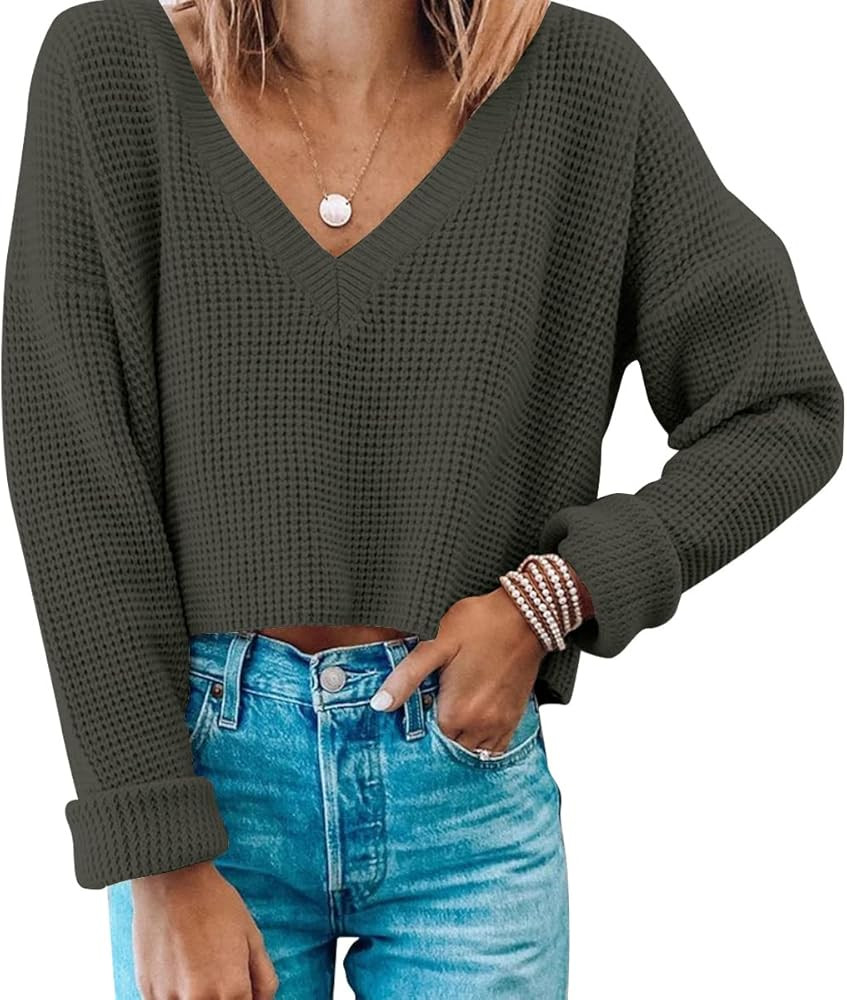 Jumppmile Womens V Neck Waffle Knit Cropped Top Long Sleeve Pullover Crop Sweater | Amazon (US)