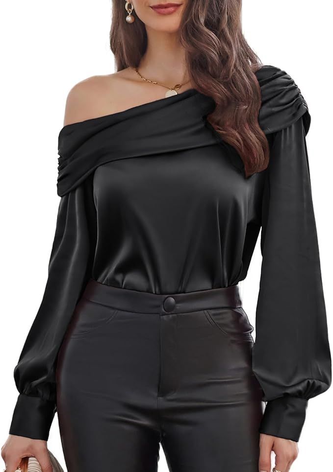 GRACE KARIN Women Satin Tops 2023 Long Sleeve Off The Shoulder Blouse Elegant Evening Party Tops | Amazon (US)