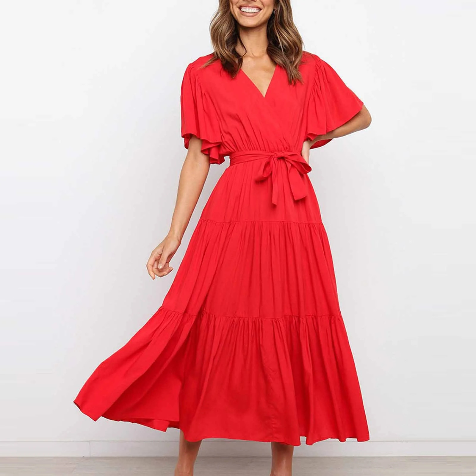Calzi Short Sleeve V Neck Shirts Dress for Womens Solid Color Swing Dress Dailywear Summer Dress ... | Walmart (US)