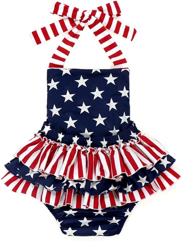 Baby Girls 4th of July Outfits Stars Stripe Print Halter Strap Romper Ruffled Bodysuit One-Piece Jum | Amazon (US)