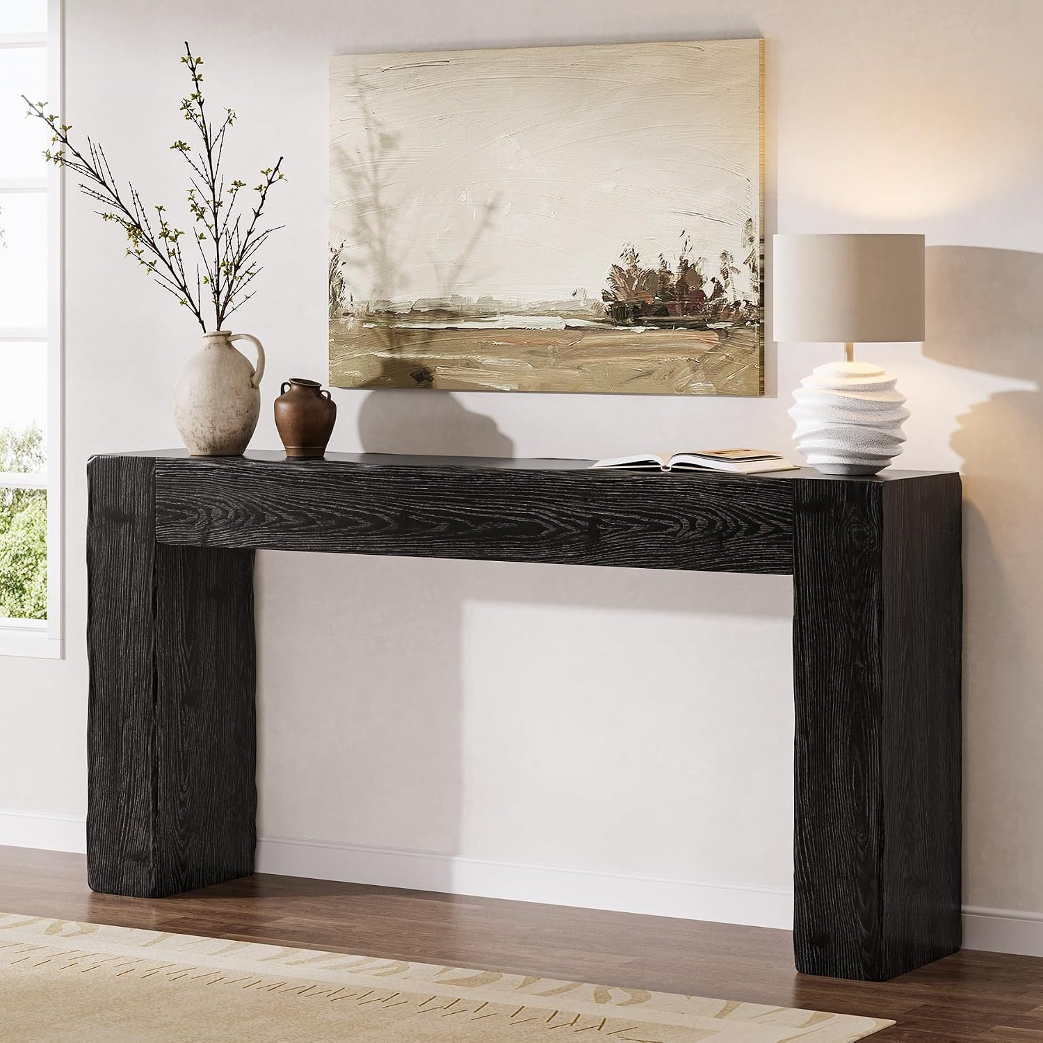 Solid Wood Console Table, 63-Inch Farmhouse Sofa Table Behind Couch for Entryway, Living Room, Foyer, Easy Assembly (Black) | Amazon (US)