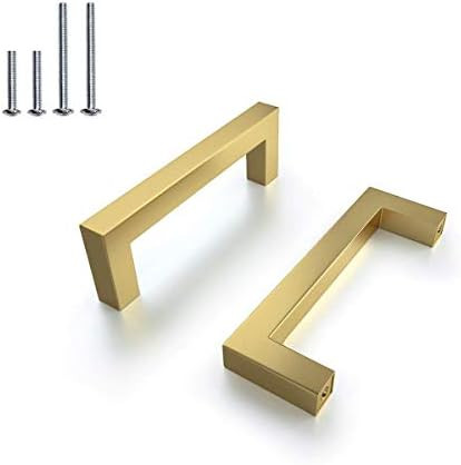 5 Pack|3-3/4" Brass Cabinet Pulls Square Cabinet Handles Stainless Steel Drawer Pulls Brushed Gol... | Amazon (US)