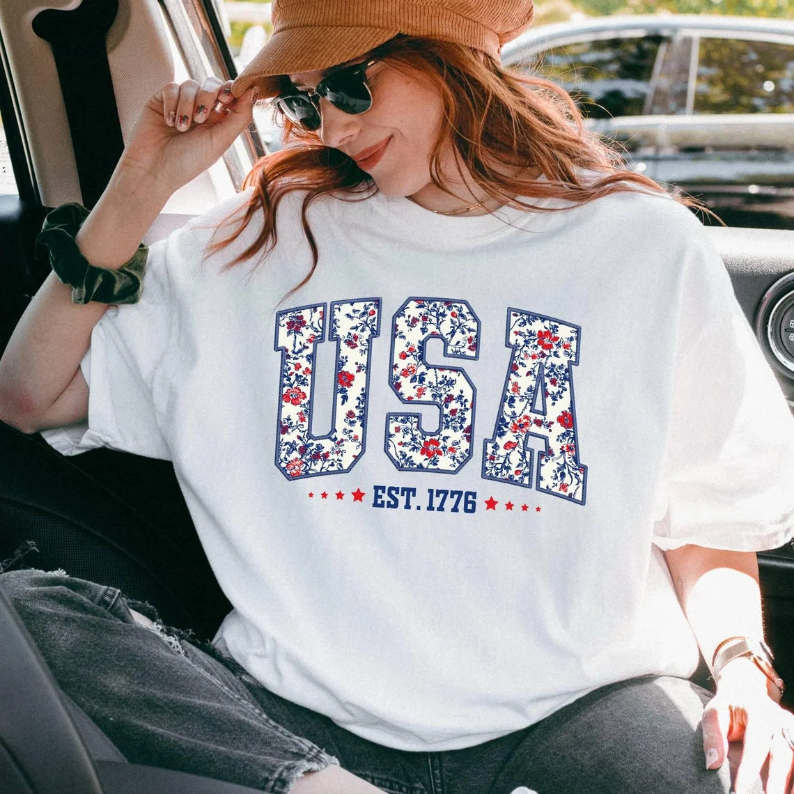 USA Floral T-Shirt, Cute 4th of July Comfort Colors Tee, USA Est 1776 Patriotic Shirt, Independen... | Walmart (US)