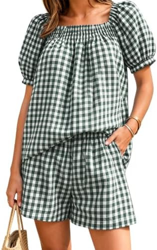 Women Plaid 2 Piece Summer Casual Puff Sleeve Smocked Babydoll Shirt Wide Leg Shorts Matching Lou... | Amazon (US)