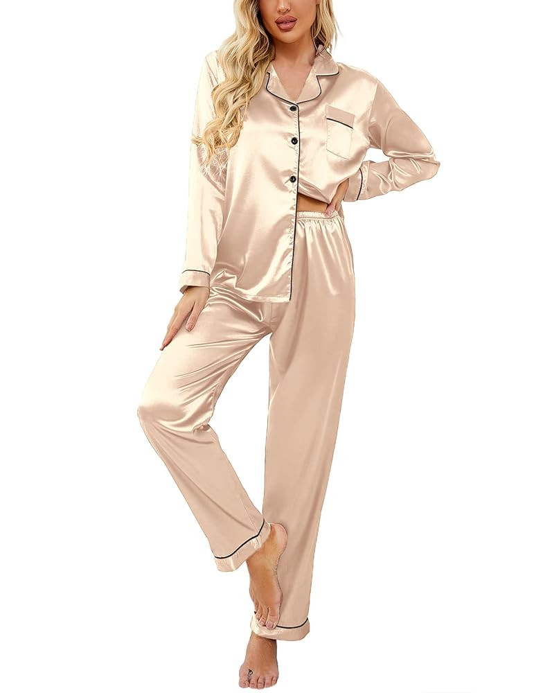 Ekouaer Women's Classic Button Down Long Satin Silk Pajama Set | Amazon (US)