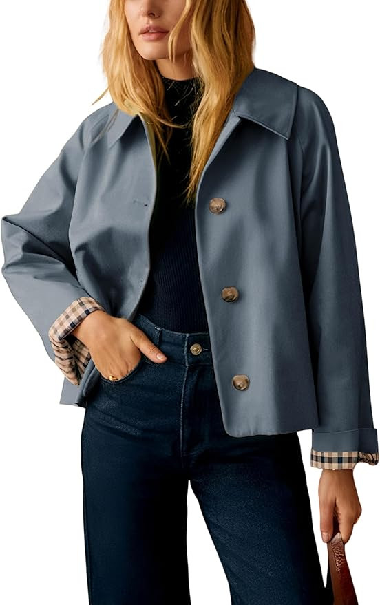 Yeokou Women Oversize Trench Coat Plaid Lining Lapel Button Down Casual Crop Jacket Outwear with ... | Amazon (US)