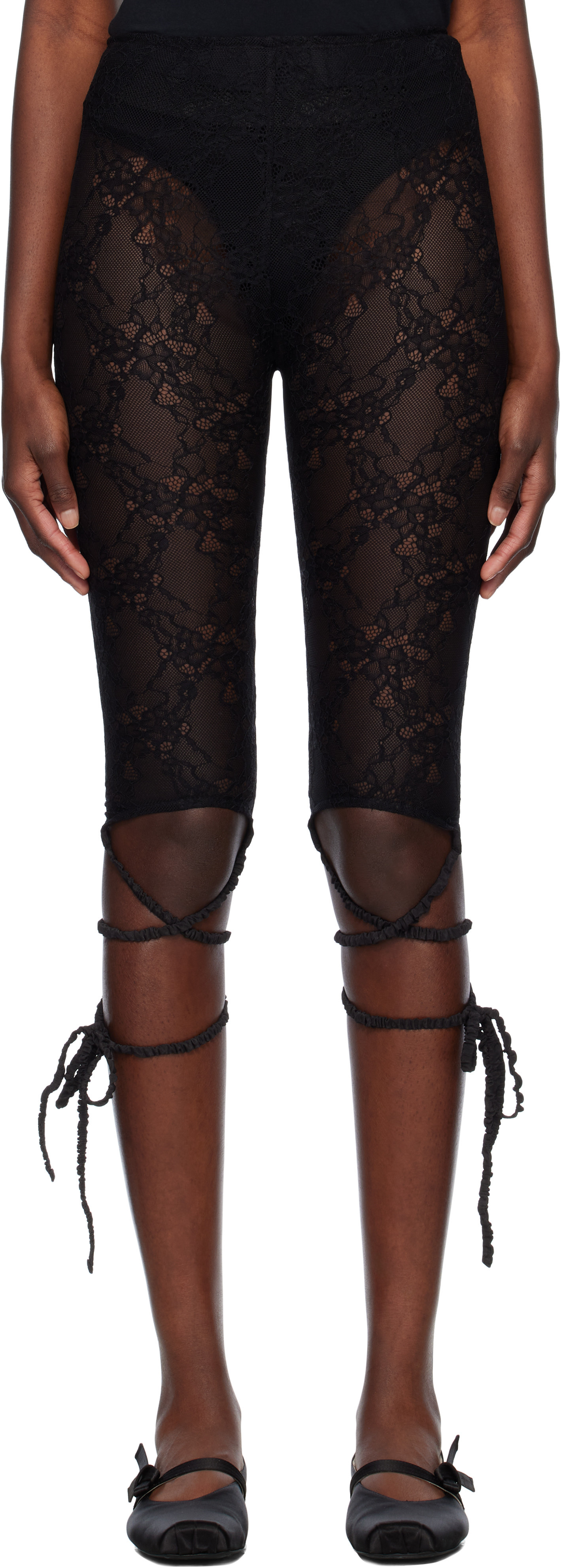 AMBUSH Black Lace Ribbon Leggings | SSENSE