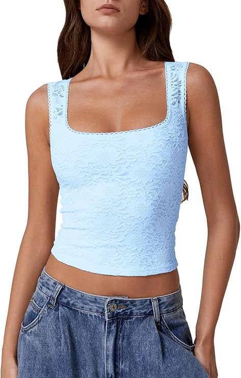 QINSEN Women's Lace Trim Square Neck Sleeveless Double-Layer Tank Top | Amazon (US)
