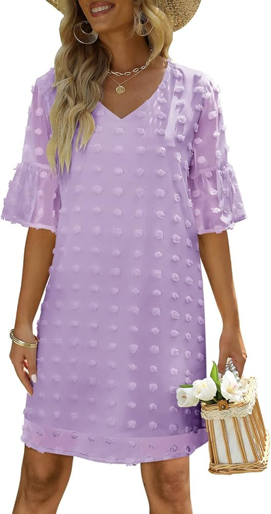 FEXIXV Womens Summer Short Sleeve V Neck Mini Dress Chiffon Swiss Dot Flowy Short Dress | Amazon (US)