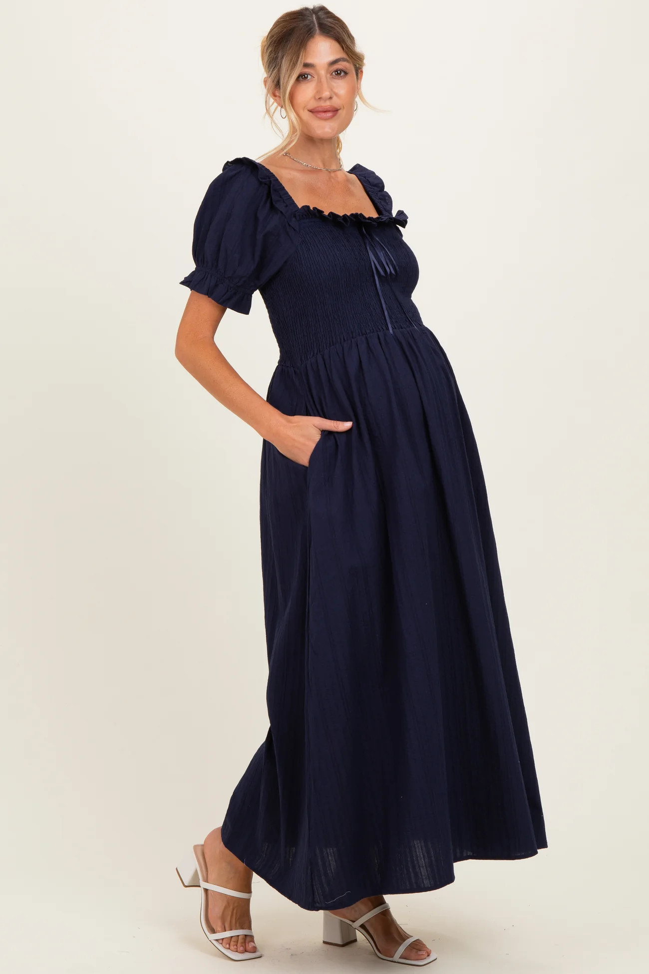 Navy Smocked Ruffle Accent Ribbon Tie Maternity Maxi Dress | PinkBlush Maternity