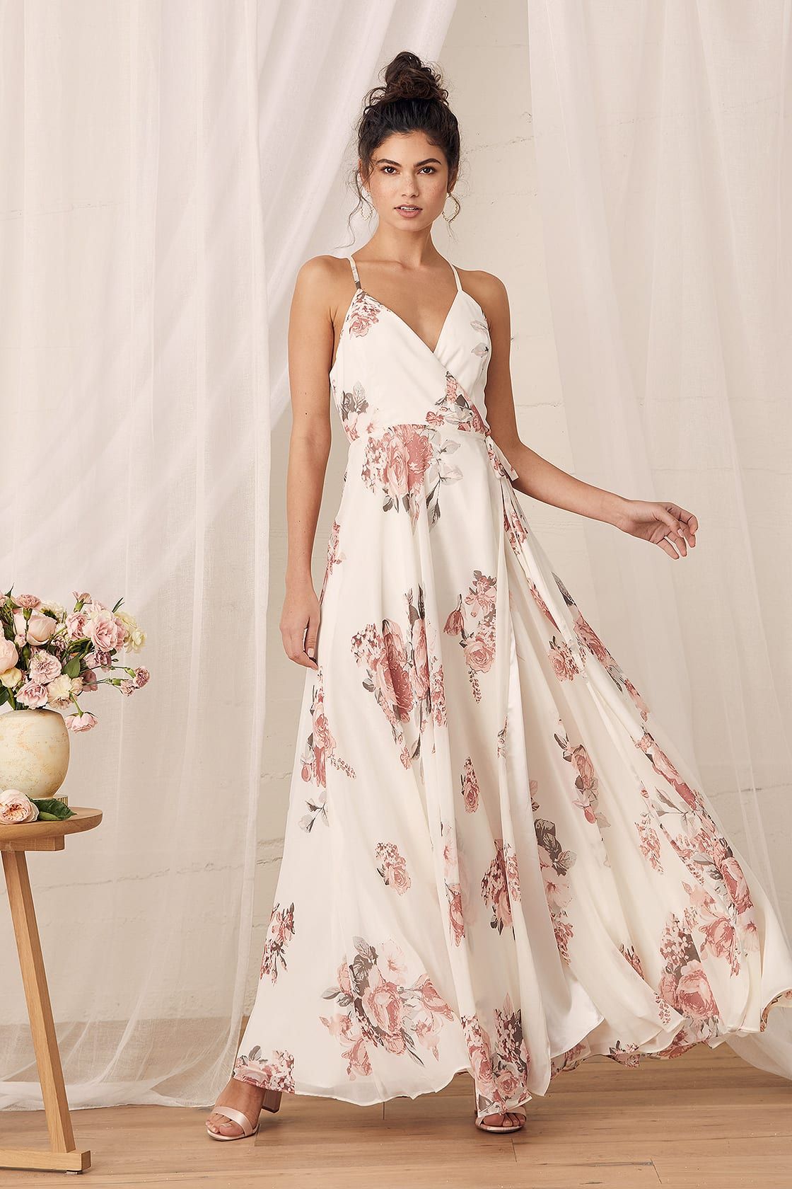 Elegantly Inclined Cream Floral Print Wrap Maxi Dress | Lulus (US)