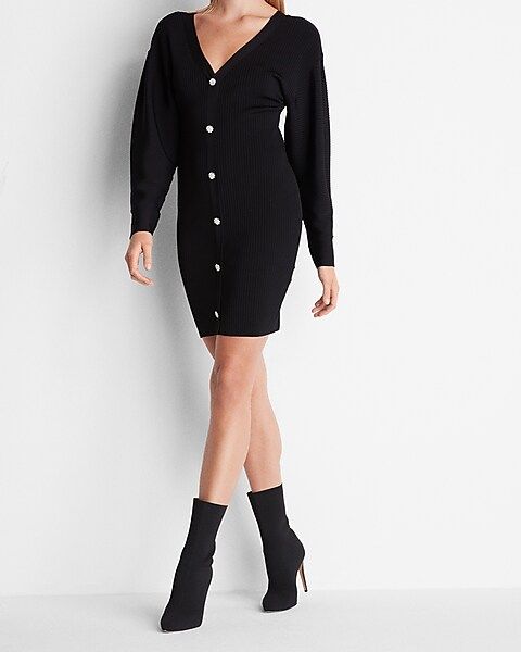 Embellished Button Up Mini Sweater Dress | Express