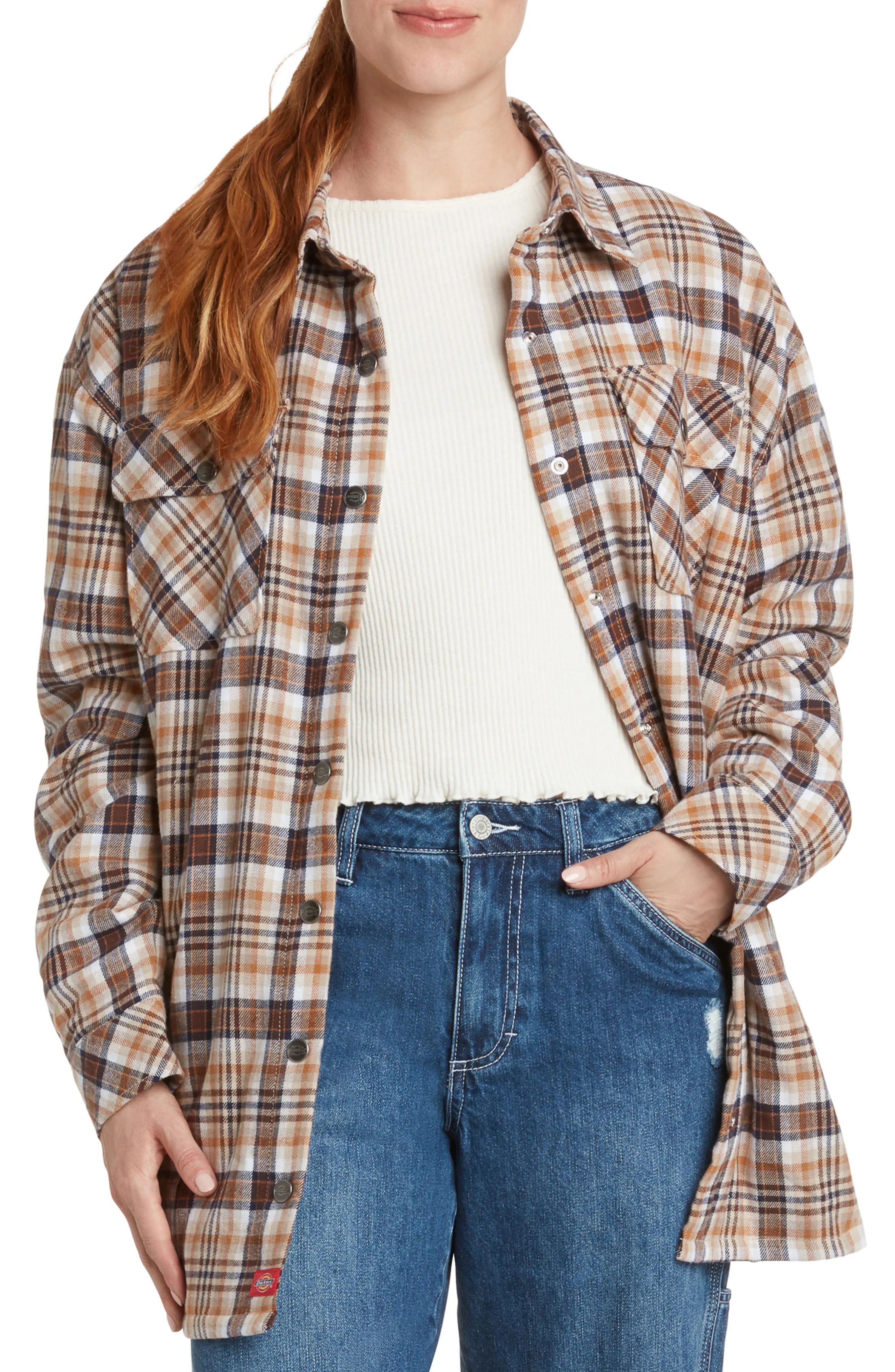 Women's Dickies Oversize Snap Front Cotton Shacket, Size Small - Brown | Nordstrom