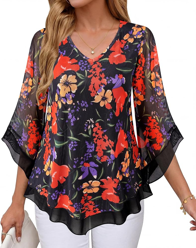 Lotusmile Womens Dressy Blouse Double Layers Mesh Shirt Ruffle 3/4 Flared Sleeve Tunic Tops | Amazon (US)