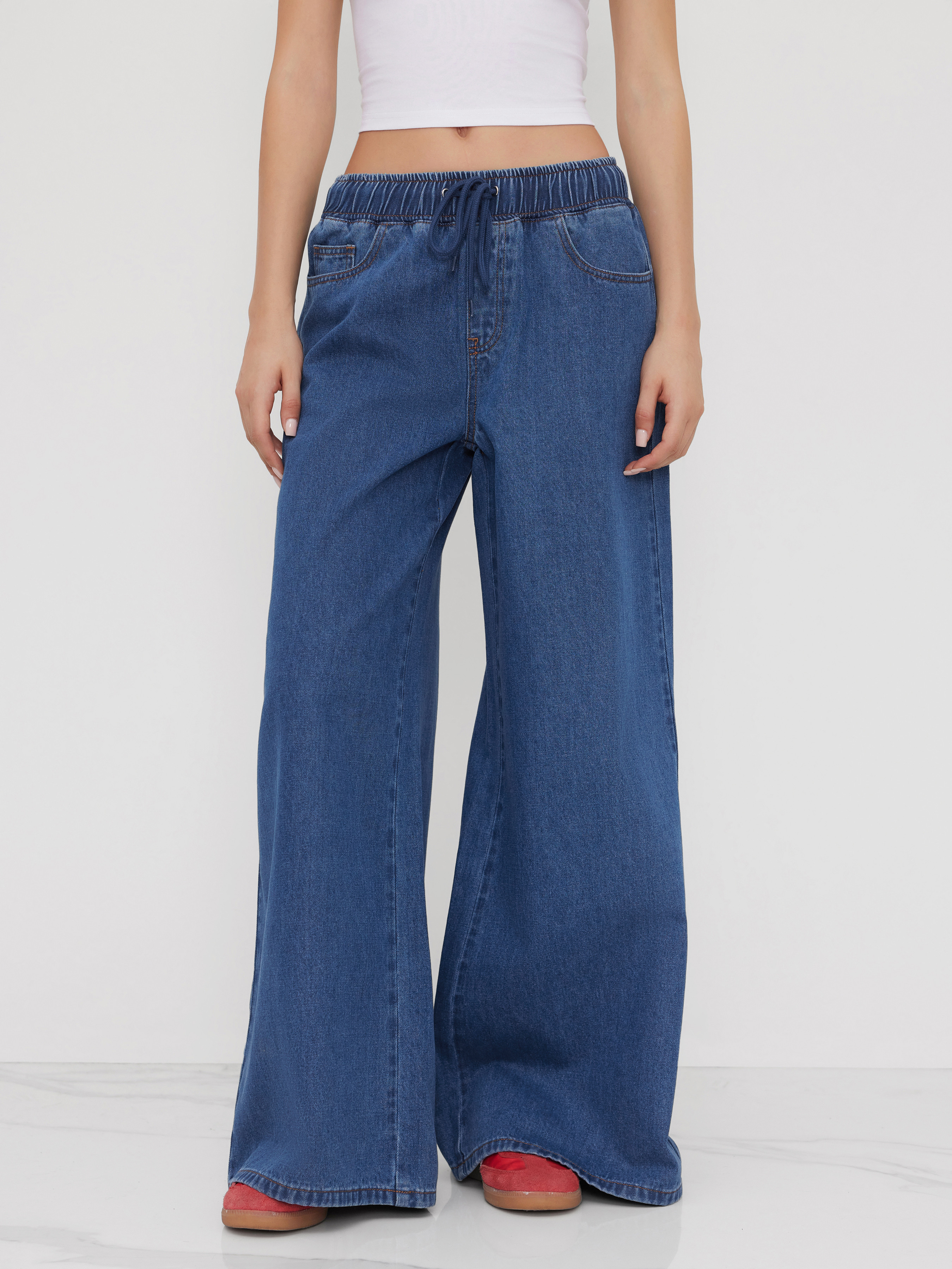 Denim Denim Mid Rise Drawstring Wide Leg Jeans For School Work | Cider