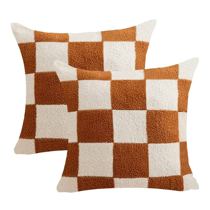 NIDITW Set of 2 Brown Checkered Pillow Covers 18x18 Inches Ultra Soft Microfiber Gingham Pattern ... | Amazon (US)