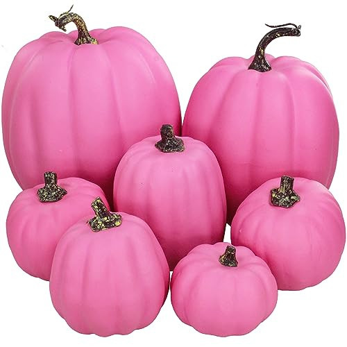 7 Pcs Assorted Sizes Hot Pink Artificial Pumpkins Fall Decorative Pumpkins Deep Pink Foam Pumpkins for Gifts Fall Halloween Thanksgiving Wedding Baby Shower Farmhouse Table Centerpiece Mantel Decor | Amazon (US)