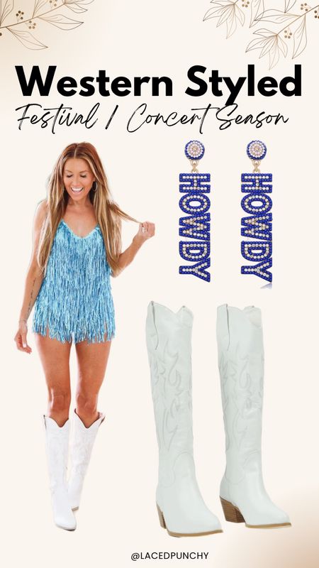 Western, concert style, concert series, festival , festival ootd, western music, fringe outfit, white cowgirl boots,  cowgirl boots, knee length boots, beaded earrings 

#LTKSeasonal #LTKshoecrush #LTKstyletip