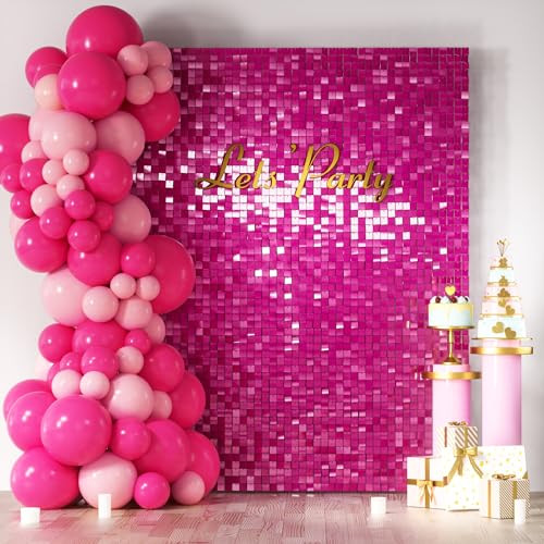 COKAOBE Hot Pink Shimmer Wall Backdrop, 24 Panels Square Sequin Shimmer Backdrop, Photo Backdrops for Birthday, Anniversary, Wedding, Graduation & Bachelorette Party Decoration | Amazon (US)