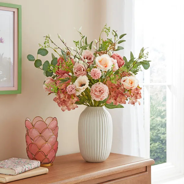 Artificial Pink Florals & Foliage Bouquet in Ribbed Ceramic Vase | Dunelm (migrated)