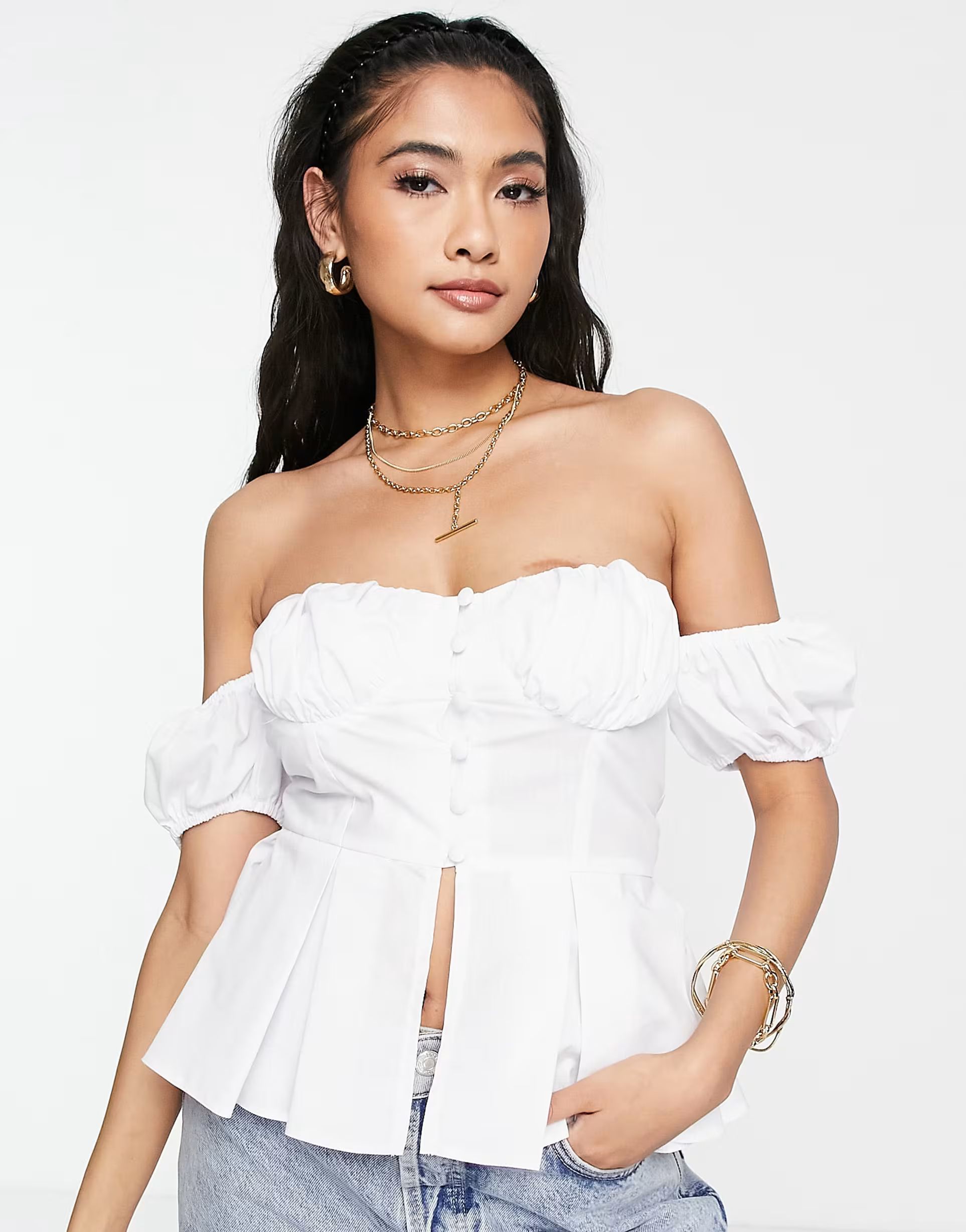 ASOS DESIGN off-shoulder corset top with puff sleeves in white | ASOS (Global)