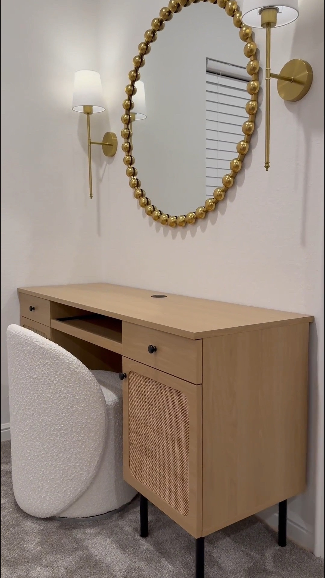 We found it! 😊 - The perfect desk  for smaller spaces….🤎 

It measures 55.5 inches in width & the wall is 57 inches. The mirror is 36x36 inches & the sconces are battery operated making them convenient to place anywhere! 🎉 …. Excited to share the rest of the room as we put it together 😊

#LTKStyleTip #LTKSaleAlert #LTKHome