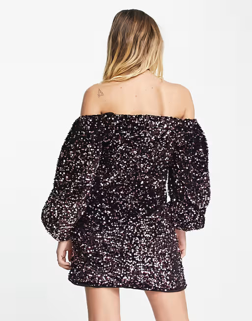 Amy Lynn bardot neck mini dress with puff sleeves in black sequin | ASOS | ASOS (Global)