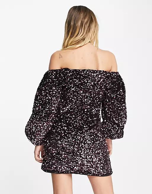 Amy Lynn bardot neck mini dress with puff sleeves in black sequin | ASOS | ASOS (Global)